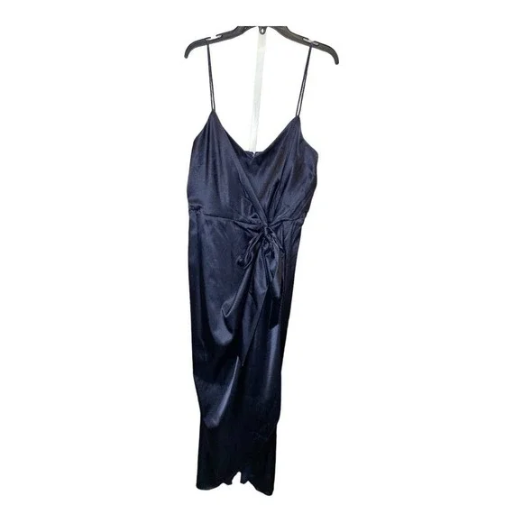 Nwt After Six Charmeuse Stretch Draped Midi Dress 10 Midnight Blue Satin Wrap - Picture 2 of 4